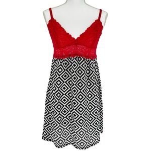 Josie Natori Red Lace Y2K Babydoll Slip Dress Geometric Print Lingerie Chic S